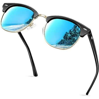 Image of KANASTAL Blue Sunglasses Mens Black Mirrored Semi Rimless Women Polarized Navy Classic Hom Rimmed UV Half Frame Mirror Lens