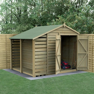 Image of 8&#039; x 6&#039; Forest 4Life 25yr Guarantee Overlap Pressure Treated Windowless Double Door Apex Wooden Shed with Logstore (2.42m 2.64m)