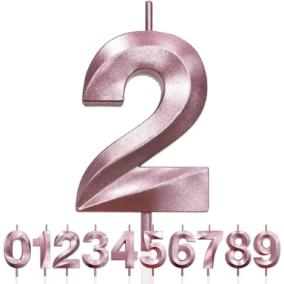 Image of Number 2 Birthday Candles, 3D Design Rose Gold Glitter Happy Cake Topper Decorations, Candle for Party, Wedding Anniversary 1pc (Pink Gold)