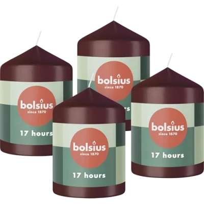 Image of Bolsius Pillar Candles Dark Red 4 Pack 8 x 6 cm Decorative Household Long Burning Time of 17 Hours Unscented Includes Natural Vegan Wax Without Palm Oil