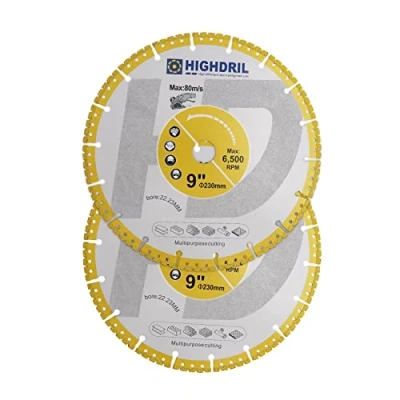 Image of HIGHDRIL Diamond Metal Cutting Blade 2pcs 230mm/ 9inch Heavy Duty All Purpose Disc for Rebar Sheet Angle Iron Stainless Steel Granite Marble