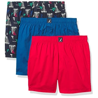 Image of Nautica Men&#039;s Cotton Woven 3 Pack Boxers Shorts, Windsurf Blue Red/Sail Print, L