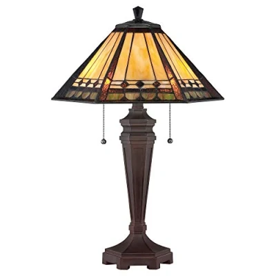 Image of 2 Bulb Table Lamp Tiffany Style Coloured Glass Metal Base Bronze Patina LED E27 60W