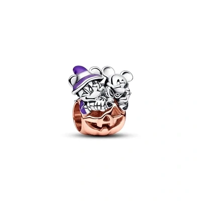 Image of Pandora Disney Mickey and Minnie pumpkin sterling silver 14k rose gold plated charm with glittery black, purple glow in the dark enamel