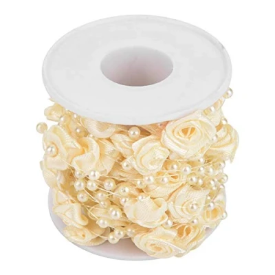 Image of Hilitand 10m/roll 3mm Rose Artificial Pearl Wire Beads Garland String Faux Crystal Beaded Craft Pearls for DIY Wedding Decoration (Beige)