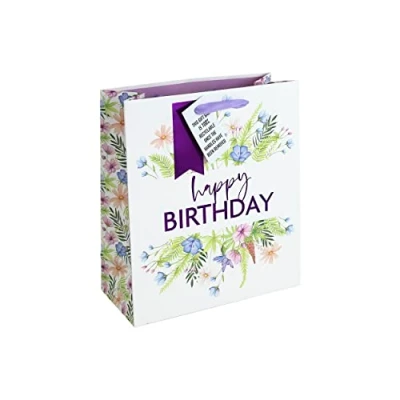 Image of Eurowrap Floral White Kraft Happy Birthday Gift Bag With Tag, Design By Jeff Banks 100% Recyclable Medium