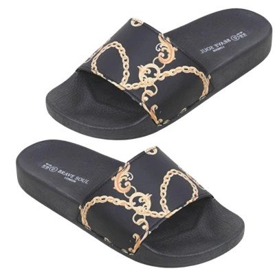Image of BRAVE SOUL Men&#039;s Sliders with Logo Open Toe Summer Slippers Comfortable Casual Footwear, Snake Black, Size 8 UK