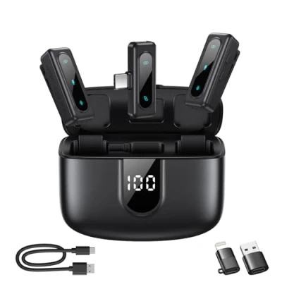 Image of Wireless Lavalier Microphone for iPhone, Android &amp; Laptops, Noise Cancellation, Auto Pairing, 24H Battery Life with Charging Case, USB C Mini Vlogs, Interview, Podcasts, Live Streaming