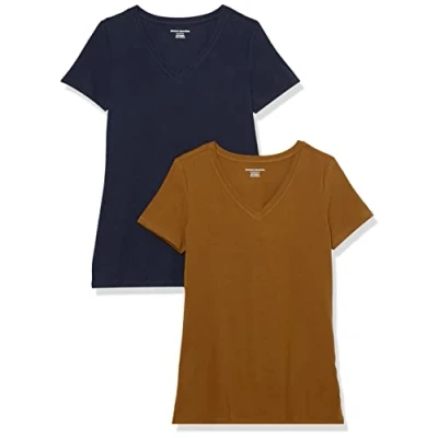 Image of Amazon Essentials Women&#039;s Classic Fit Short Sleeve V Neck T Shirt, Pack of 2, Dark Chestnut Brown/Navy, XL