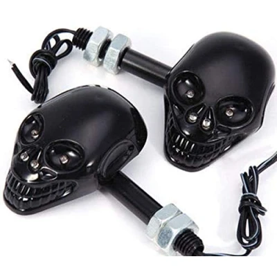 Image of Pair Motorcycle Skull LED Turn Signal Light Indicator Lamp For Hond a Yamaha Kawasaki Suzuk i Ducati Cruiser Bobber Chopper (Black)