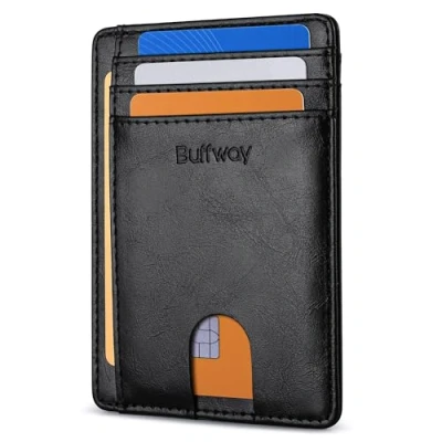 Image of Buffway Slim Minimalist Front Pocket RFID Blocking Leather Wallets for Men Women, Alaska Black, S, Money Clip Wallet