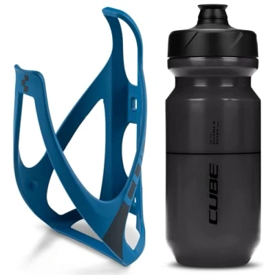 Image of Cube HPP Cage Classic Blue/Black &amp; Icon Bottle Clear, 500ml / Water Drink Flask Vessel Bidon Holder Mount Bracket Kit Lightweight Plastic Drinking Hydration Biking Bike Riding Frame Accessories