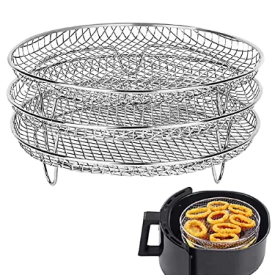 Image of Air Fryer Rack Compatible for Ninja Fryer, 3 Stackable Dehydrator Racks Stainless Steel Basket Tray Accessories Dishwasher Safe Oven Microwave Baking Roasting(Circular)