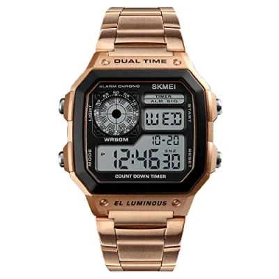 Image of SKMEI Rose Gold Smart Mens Digital Watch Clear Large Display Stainless Steel Strap Date Alarm Stopwatch DG1335RG