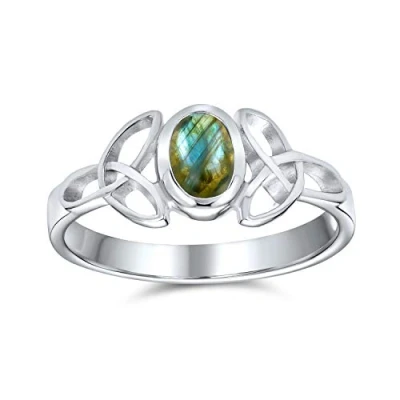 Image of Delicate Celtic Iridescent Labradorite Trinity Knot Triquetra Ring For Women Teen Thin Band .925 Sterling Silver