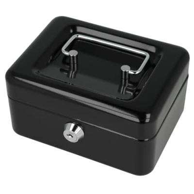 Image of Westcott Lockable cash box (compact, 15 cm) BLACK made of sheet steel with 2 keys Removable coin tray 6 compartments E 51000