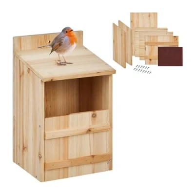 Image of Nesting Box for Half hollow Breeders, diy, Entrance Gap HxW: 10 x 19 cm, Wood, Bird House Hanging, Natural Relaxdays