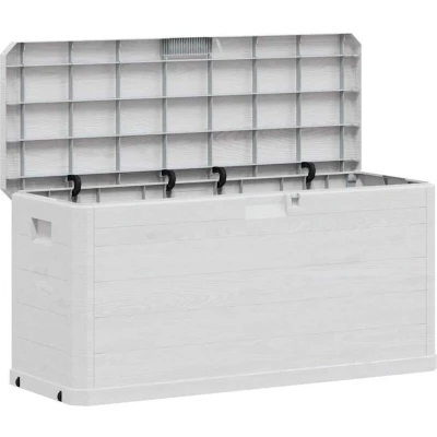 Image of vidaXL Large Outdoor Storage Box 280 L, Durable Weather Resistant Plastic Store Cum Toolbox, Easy Assemble, Light Grey with Wood Texture Design.