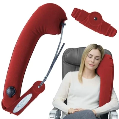 Image of Travelrest Ultimate Travel, Neck &amp; Body Pillow Strap to Plane Car Seat Compact, Comfort and Convenient for Office Napping, Airplane, Bus Train Upright Sleeping Rolls Up Small Red