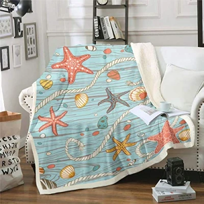 Image of Loussiesd Starfish Sherpa Blanket Ocean Marine Themed Fleece Sea Creatures Throw for Couch Chair Sofa Nautical Sealife Warm Plush Ultra Soft Room Decor Single 50&quot;x60&quot;