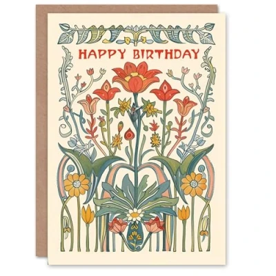 Image of Artery8 Birthday Card Art Nouveau Wildflowers Design Floral Classic Garden For Him Her Man Woman Girl Boy Wife Husband Greeting
