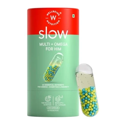 Image of Wellbeing Nutrition Slow Multivitamin for Him Plant Based 100% RDA of 22 essential Vitamins &amp; Minerals Caffeine Ginseng in MCT Oil Energy, Stamina, Bone Joint, Immunity Vitality(60 Capsules)
