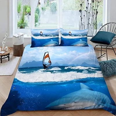 Image of Surfers Sharks Bedding set 3 pieces Duvet Cover Double for Kids Children Teens Adults 3D Printed Marine Life Soft Microfiber Comforter with Zipper 1 Quilt + 2 Pillowcases