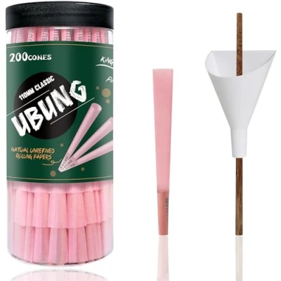 Image of UBUNG CONES, 200 Pack, King Size Pink Pre Rolled Cones With Tips, Slow Type Rolling Paper, Length 4.25 in / 108 mm, Including 1 Cone Loader And Push Rod