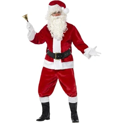 Image of Smiffys Deluxe Santa Costume &amp; Hat, Red with Jacket, Trousers, Belt, Gloves Boot Covers, Christmas Adult Fancy Dress, Dress Up Costumes