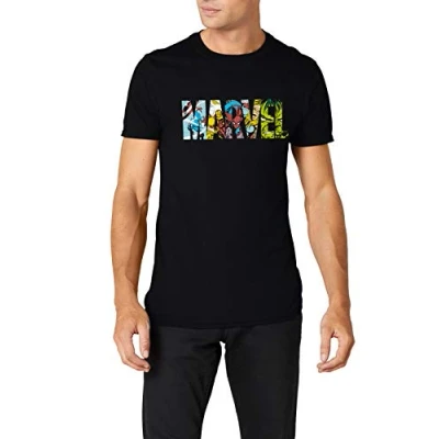 Image of Marvel Men&#039;s Comic Strip Logo T shirt Shirt, Black, S UK