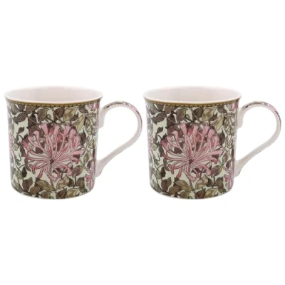 Image of Lesser &amp; Pavey Set of 2 British Designed Coffee Mug Ceramic Mugs for Home or Work Large Hot Drinks Honeysuckle Tea and Cups William Morris