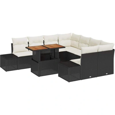 Image of vidaXL 9 Piece Garden Dining Set with Cushions Black Poly Rattan Acacia