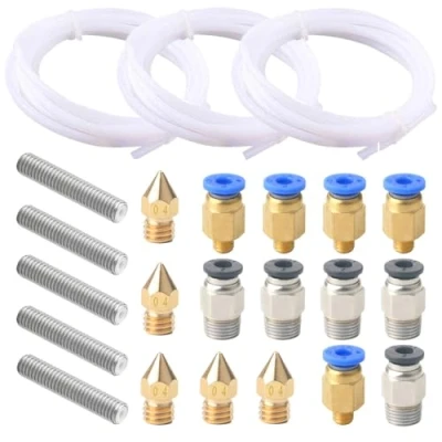 Image of QitinDasen 3 Meters 3D Printer PTFE Teflon Tube, with 6 Pieces PC4 M6 Pneumatic Connector, M10 5 0.4 mm Nozzle and X 30 Throat Tube