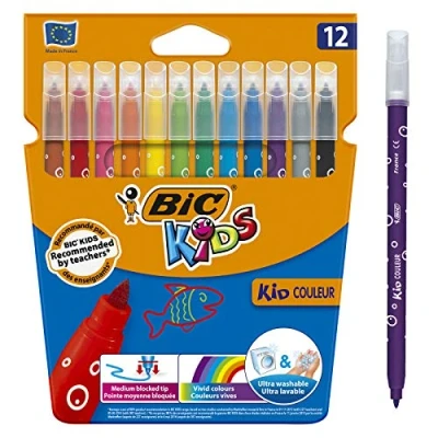 Image of BIC Kids Kid Couleur Felt Medium Blocked Tip Colouring Pens Value Pack of 10 + 2 Free (12 Total) Point Assorted Colours