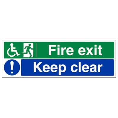 Image of V Safety Wheel Chair Fire Exit/Keep Clear Sign 450mm x 150mm 1mm Rigid Plastic