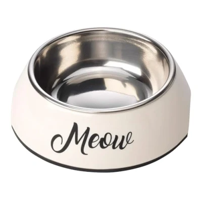 Image of House of Paws Country Kitchen &quot;Meow&quot; Cat Bowl 2 in 1, Melamine and Stainless Steel with Non Slip bottom