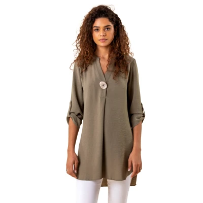 Image of Roman Womens Longline Button Detail Tunic Top Olive Size 12 UK