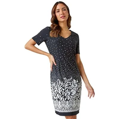 Image of Roman Originals Textured Border Print Shift Dress for Women UK Ladies Everyday Holiday Spring Summer V Neckline Short Sleeves Comfy Soft Evening Vacation Work Party Black Size 12