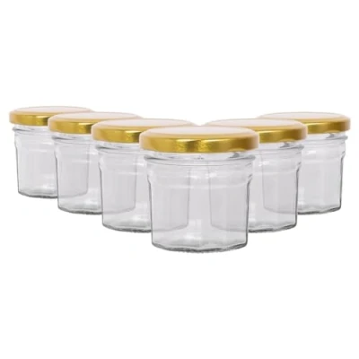 Image of Argon Tableware Glass Jam Jars with Airtight Gold Lids 90ml Pack of 6 Empty Screw Top Kitchen Storage Jar for Food, Honey, Spice, Pickling, Preserving, Candle Making