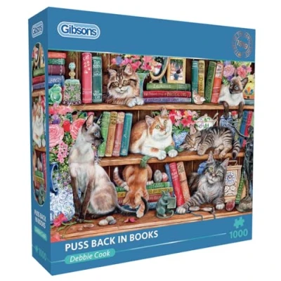Image of Puss Back in Books 1000 Piece Jigsaw Puzzle Cat Sustainable for Adults Premium 100% Recycled Board Great Gift Gibsons Games