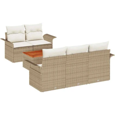 Image of 6 Piece Garden Sofa Set with Cushions Beige Poly Rattan Acacia Vidaxl