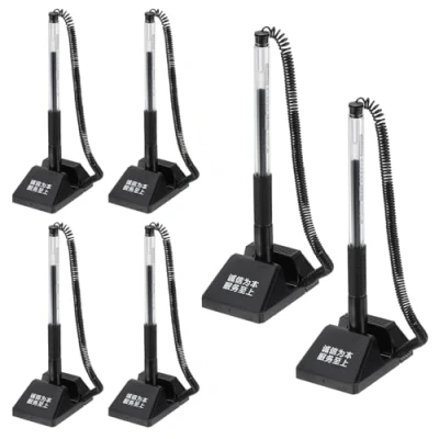 Image of M&amp;G Secure Counter Pens with Chain 0.5mm, 6pcs Adhesive Pen Holder Reception Desk Stand Type Spring Joint for Bank Office Workplace, Black 14cm