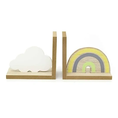 Image of Pair Of Childrens Rainbow &amp; Cloud Bookends Decorative For Kids Wooden Shelves Set 2 Baby Nursery Book Ends