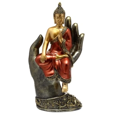 Image of Puckator Gold and Red Thai Buddha Sitting in a Hand Cute Room Decor Aesthetic Feng Shui Meditation Accessories Garden Ornaments Shelf Desk Decorations Mindfulness Home Gifts Statues