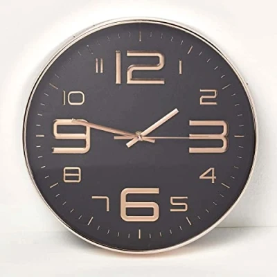Image of HOMESCAPES Black &amp; Rose Gold Wall Clock 30 cm Wide Modern Style Kitchen or Office