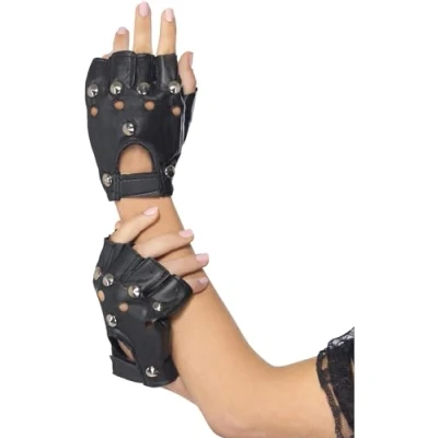Image of Smiffys Punk Gloves, Black with Studs, 1980&#039;s Fancy Dress, 1980s Dress Up Accessories