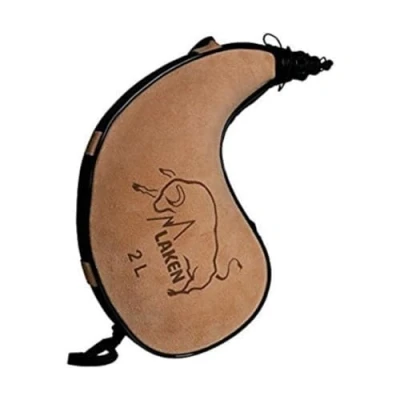 Image of LAKEN Spanish Leather Wine Bota Water Canteen Kidney Shape, Brown and Black 2 Liter
