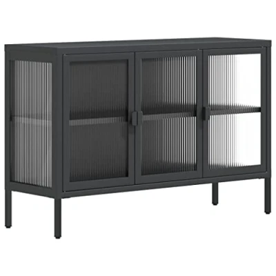 Image of vidaXL Steel Sideboard Storage Cabinet in Black with Fluted Glass Modern Design Cupboard Adjustable Shelf and Levellers, Ideal for Living Room or Office