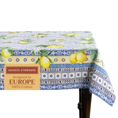 Image of Maison d&#039; Hermine Table Cover 100% Cotton 140cm x 180cm Decorative Tablecloth Washable Square Easter Tablecloths for Dining, Home, Wedding, Banquet, Buffet, Citrus Spring/Summer