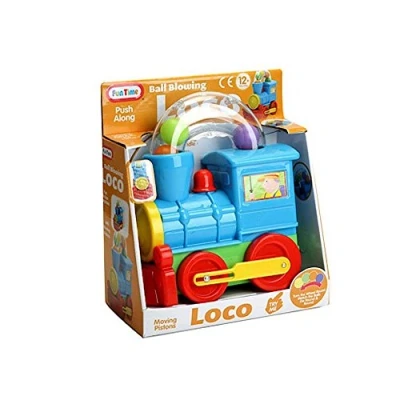 Image of Beautiful Beginnings Funtime Pushalong Ball Blowing Loco Train Train, Primary, 25cm x 22cm.